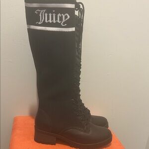 Juicy Couture Black Lace-Up Knee Boots with Logo Cuff